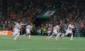 Selebrasi pemain Maroko usai pertandingan Morocco Vs Netherlands