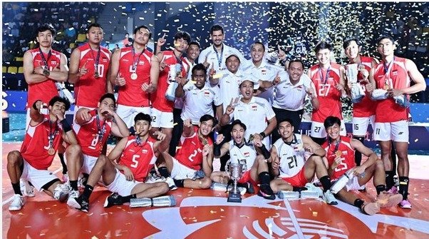 Timnas Voli Indonesia merayakan gelar juara AVC Cup 2026 di Ahmedabad, India.