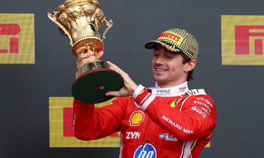 Charles Leclerc merayakan kemenangan bersama Ferrari di GP Inggris 2026